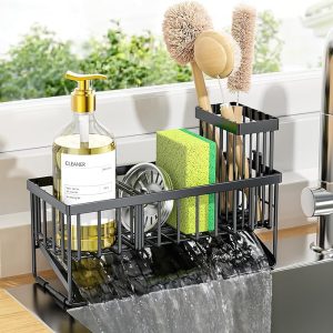 Stainless Steel Kitchen Sink Caddy With Sponge And Brush Holder, Self-Draining Rustproof Sink Organizer