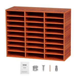 27 Compartments Wood Literature Organizer, Adjustable Shelves, Medium Density Fiberboard Mail Center, Office Home School Storage For Files, Documents, Papers, Magazines, Brown