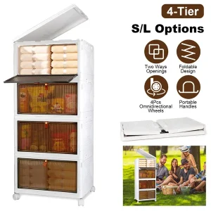 Total 76QT 4-Tier Foldable Storage Bins With Lid Front Magnetic Door Collapsible Stackable Closet Organizer Containers With 4Pcs 360′ Rotatable Wheels