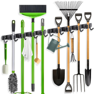 2 Pack Mop Broom Holder Wall Mount 4 Racks 5 Hooks Storage Black