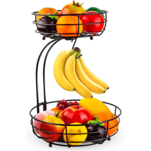Auledio Iron 2-Tier Countertop Fruit Vegetables Basket Bowl Storage With Banana Hanger, Black, 64 Ounces