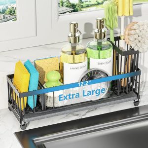 Extra Large Kitchen Sink Caddy Organizer With Drying Stone Sponge Holder Dish Brush Storage Countertop Organizer