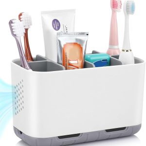 Toothbrush And Toothpaste Holder With Drainage, Adjustable Dividers, Anti Slip Bathroom Countertop Caddy, Gray