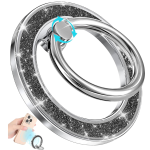 Phone Ring Holder Compatible With MagSafe Magnetic Cell Phone Grip For Women Glitter Magnet Removable Finger Ring Grip Stand Cute Shine Shiny For , Black