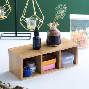 Bamboo Desk Organizer With 3 Compartments, Wooden Pen And Pencil Holder For Remote Controls, Makeup Brushes, Silverware And Office Supplies