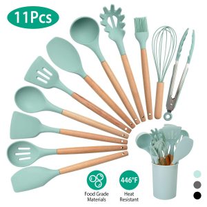 2 Color Options — Set Of 11Pcs Silicone Cooking Utensil Set For Food Preparation Heat Resist Wooden Handle Silicone Spatula Turner Ladle Spaghetti Server Tongs Spoon Egg Kitchenware Set With Holder