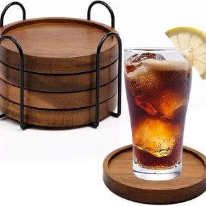 4-Piece Absorbent Wooden Drink Coasters With Holder, Farmhouse Coffee Table And Office Table Protection Set