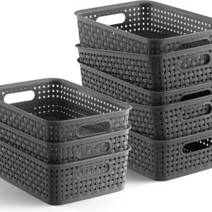 Plastic Storage Baskets, 8 Pack, Gray, Durable & Flexible Multi-Purpose Organizers For Closets, Cabinets, Shelves & Countertops