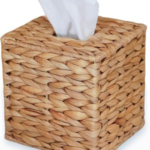 Water Hyacinth Handwoven Tissue Box Cover, Natural Wicker Facial Napkin Holder, Rustic Boho Decor