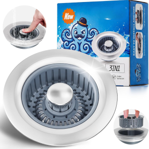 Sink Drain Strainer  Sink Stopper Kitchen Drain, 3 In 1 Kitchen Sink Drain Strainer With Anti Clogging Basket Kitchen Gadgets Clearance Sink Accessories, Fit US Standard 3-1 2” Sink Hole, Silver