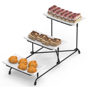 1Pc 3Tier Plastic Serving Tray Dessert Server Display Serving Stand Dinnerware With 3 Rectangular Plastic Serving Platters Metal Stand For Entertaining Fruit Dessert Veggie Cookies Party