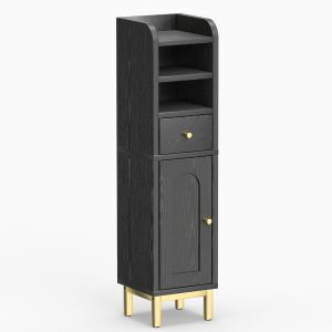 Bathroom Storage Cabinet Modern Corner Floor Cabinet Small Storage Organizer Stand With Drawer And Door Adjustable Shelf Black