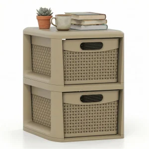 2-Drawer PP Storage Organizer Wicker Style Narrow Cabinet for Home Office