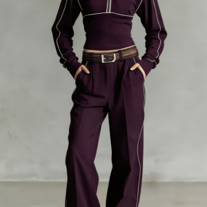 Stand-up Collar Short Zip-up Top  Wide-leg Pants Casual Sportswear Set