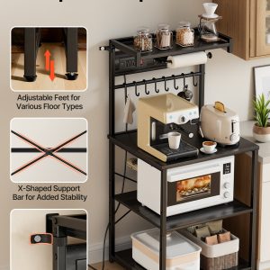 Kitchen Bakers Rack, 4.6ft Power Cable Bakers Rack With Power Outlet, Kitchen Stand With X-Shaped Support Bar, 8 S-Shaped Hooks, Coffee Bar Stand For Dishes, Spice Bottles, Built-In Power Strip