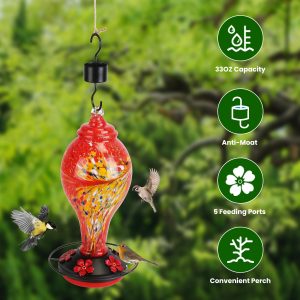 1Pc Glass Hummingbird Feeder 33OZ Hand Blown Hummingbird Feeder With 5 Flower Feeding Port Perch Ant Moat Hanging Hook S Hook Hemp Rope Cleaning Brush For Garden Decor