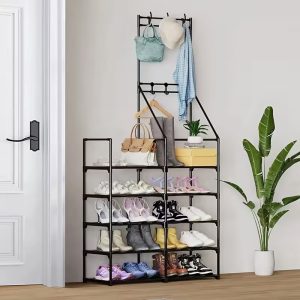 Sturdy Double-Row Coat Shoe Rack All-in-One Combo, Free-Standing Multifunctional Entryway Organizer For Bedroom, Living Room, Foyer And Mudroom