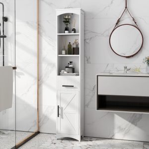 Farmhouse Tall Slim Bathroom Storage Cabinet with Recessed Drawer, Narrow Cabinet with Barn Door, White