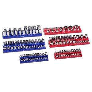 Magnetic Socket Organizer Set, 6PCS Socket Holder, 1/4”, 3/8” & 1/2” Metric SAE Socket Trays With Clear Labels, Hold Up To 143PCS Standard & Deep Sockets, Blue & Red (Sockets Not Included)