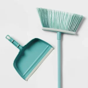 Angle Floor Broom With Clip-on Dust Pan Set: Steel Handle, Soft Grip, Hanging Loop