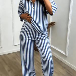 Color-block Stand-collar Short-sleeve Wide-leg Pants Two-piece Set