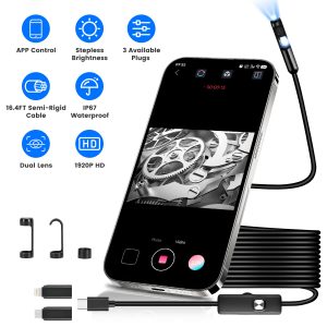 1Set Endoscope Camera 1920P HD IP67 Waterproof Inspection Borescope Tool With Light And 8 & 1 Dual Lens 16.4ft Semi Rigid Snake Cable Stepless Brightness APP Control For IOS And Android