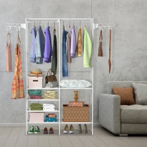 66.1×42.1×14.2in Perfect 4 layers of shelves Closet Organizing rack, weight capacity of the hanging rod and the fabric rack reaches up to 33lbs and 11lbs separately.(no shipments on weekends)