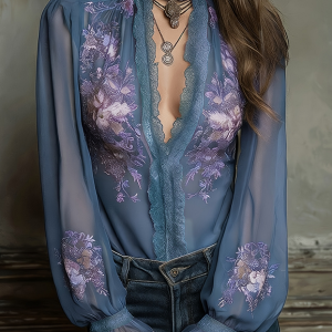 A Stand-up Collar Lace Embroidered Top