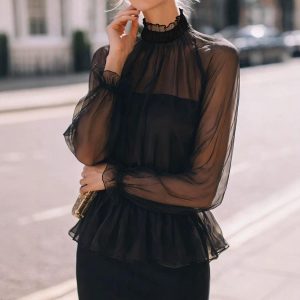 Stand-collar Ruffled Waist-defined Long-sleeve Elegant Top