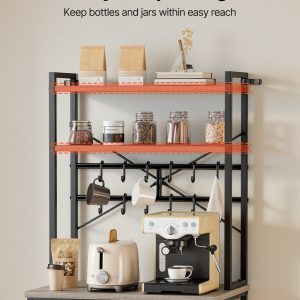 Kitchen Bakers Rack, 23.6 Inch Width Bakers Rack, Kitchen Stand With X-Shaped Support Bar, 12 S-Shaped Hooks, Double-Layer Top Shelf, Coffee Bar Stand For Dishes & Bowls, Spice Bottles