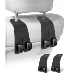 Car Hooks For Headrest, 2Pcs Seat Back Storage Hook Luxurious Leather Metal Multifunctional Car Hanger & Holder For Heatrest, Seat, Bag, Purse Black
