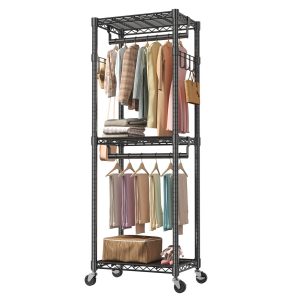 Adjustable Clothes Hanger, A Metal Movable Wall-mounted Hanger With Wheels, Used For Hanging Clothes, Equipped With 2 Side Hooks And 2 Rods