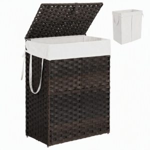 Laundry Basket With Lid, Hand-Woven PP Rattan, Foldable, Removable Liner, With Handle