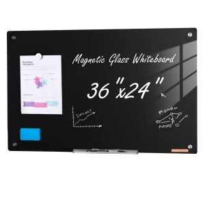 Magnetic Glass Whiteboard, Dry Erase Board 36’x24′, Wall-Mounted Large White Glassboard Frameless, With Marker Tray, An Eraser And 2 Markers, Black