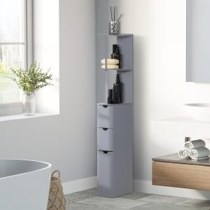 54″ Tall Bathroom Storage Cabinet, Freestanding Linen Tower with 2-Tier Shelf and Drawers, Narrow Side Floor Organizer, Grey