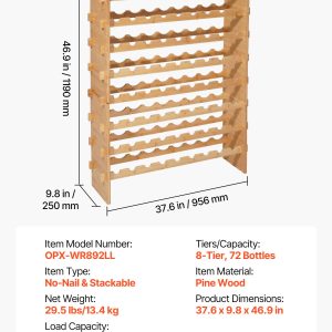 72 Bottle Stackable Modular Wine Rack, 8-Tier, Floor Freestanding Wine Storage Rack, Sturdy Wines Holder Display Shelf, Wobble-Free Shelves, Easy Assembly, For Kitchen, Cellar, And Bar, Natural