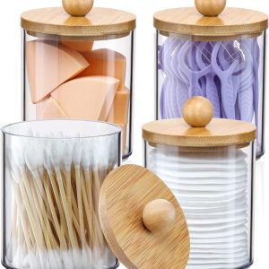 Qtip Holder Dispenser 4 Units With Bamboo Lids, 10 Oz Clear Jars For Cotton Swabs, Balls, Pads And Floss Storage