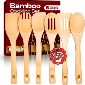 Bamboo Cooking Spoons 6-Piece Set, Wooden Kitchen Utensils With Spoons & Spatulas, Durable Cooking Tools For Home & Kitchen