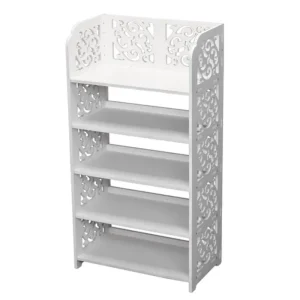 5 Tiers White Shoe Rack, Wood-plastic Board Carved Hollow Shoe Storage Rack, Waterproof Damp Proof Easy Clean Shoe Organizer, Suitable for Living Room Hall Study Bedroom Home Use