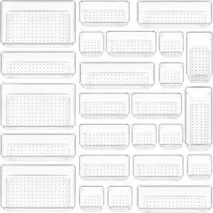 25 Pack Clear Plastic Drawer Organizers, 4 Size Storage Trays For Bathroom, Vanity, Makeup, Bedroom, Kitchen & Office Supplies