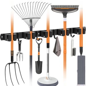 Broom Holder And Garden Tool Garage Organizer 5 Slots 4 Hooks For Rake Mop Wall