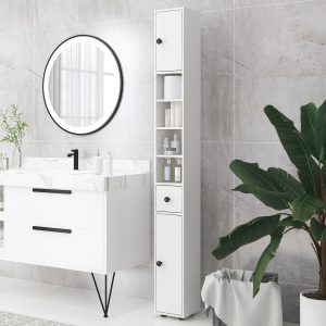 71″ Small Bathroom Storage Cabinet, Narrow Toilet Paper Cabinet with Open Shelves, 2 Cabinets, Adjustable Shelves, White