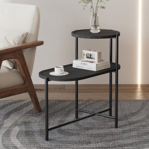 Round Coffee Table With Storage Tray 2 Tier Oval End Tables Wooden Small Side Table For Living Room  Black
