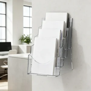 4-Tier Acrylic Brochure Holder 8.5 x 11 Inch, Clear Plastic Literature Display Stand with Removable Divider, Flyer Organizer for Office Exhibition Countertop or Wall Mount