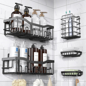 5PCS Adhesive Shower Caddy Set, Rustproof Stainless Steel Bathroom Shelves, No-Drill Large Capacity Storage Organizer