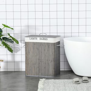 Bamboo Laundry Basket with Lid and String Handles, Collapsible Laundry Hamper with 2 Removable Bags, Gray