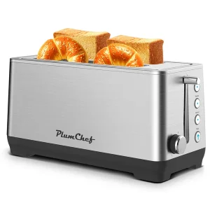 4-Slice Toaster, Extra Wide Long Slot Toaster, 6 Browning Settings, Bagel/Defrost/Reheat Functions, Removable Crumb Tray, Upgraded Stainless Steel, Silver