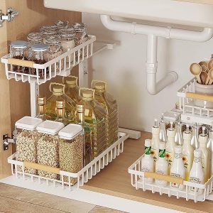 Metal Adjustable Height Two-Tier Drawer Kitchen Bathroom Under Sink Storage Rack