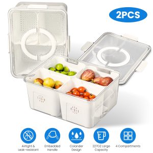 2Pack Airtight Fruit Storage Containers 4 Compartment Food Storage Containers Fruit Vegetable Organizers With 8 Removable Colanders For Fridge Picnic