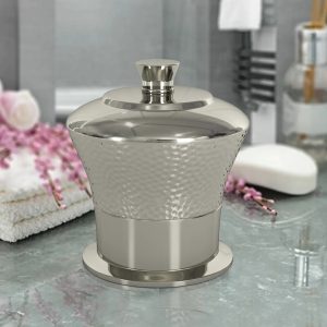 Classic Stainless Steel Vanity Jar Stylish Storage For Cotton Swabs,Sponges & Bath Salts   Decorative Canister For Bathroom,Bedroom   Hammered Shiny Finish